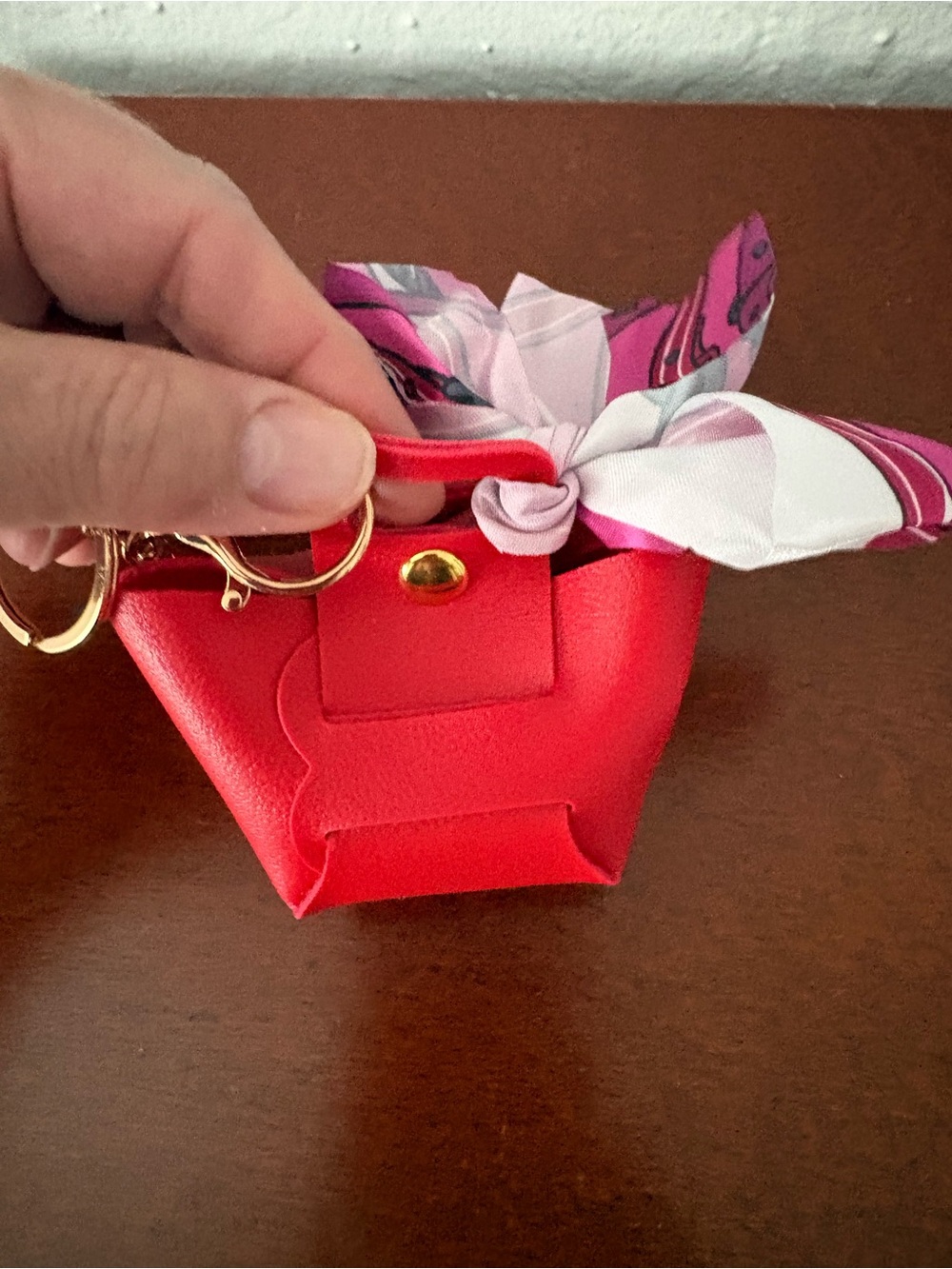 NWOT Red Mini Tote Purse Charm/Keychain with Pink Scarf Accent